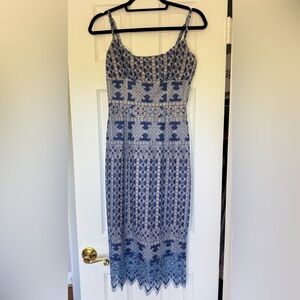 BCBGMaxAzria Blue and White Strapless Midi Dress